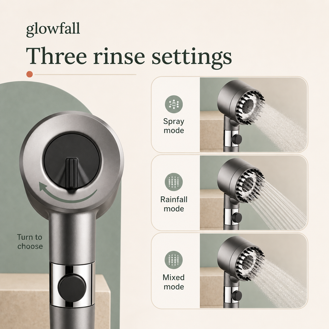 Glowfall showerhead with three rinse settings: spray, rainfall and mixed