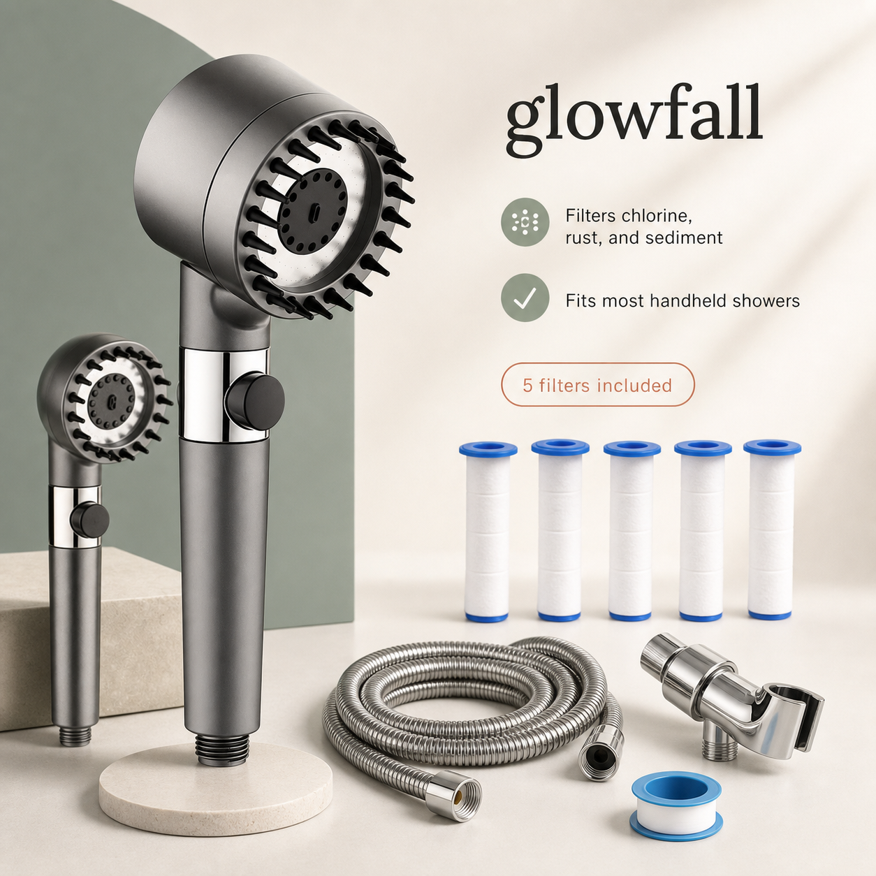 Glowfall handheld shower head set with two shower heads, a flexible metal hose, filter cartridges, a wall mount, and a wrench on a clean beige and gray background with product text.