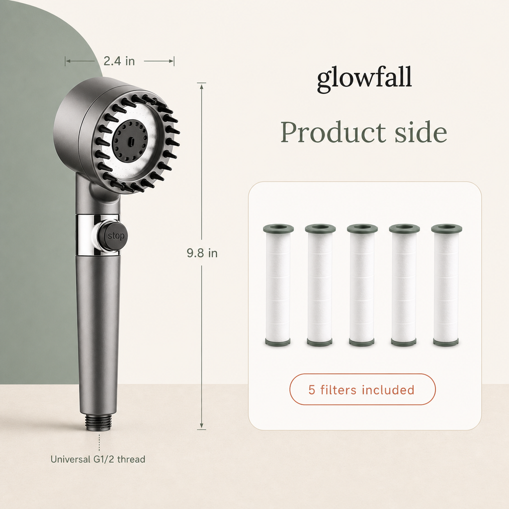 A shower head product graphic labeled glowfall with product side text, showing the shower head with dimension markings of 2.4 in and 9.