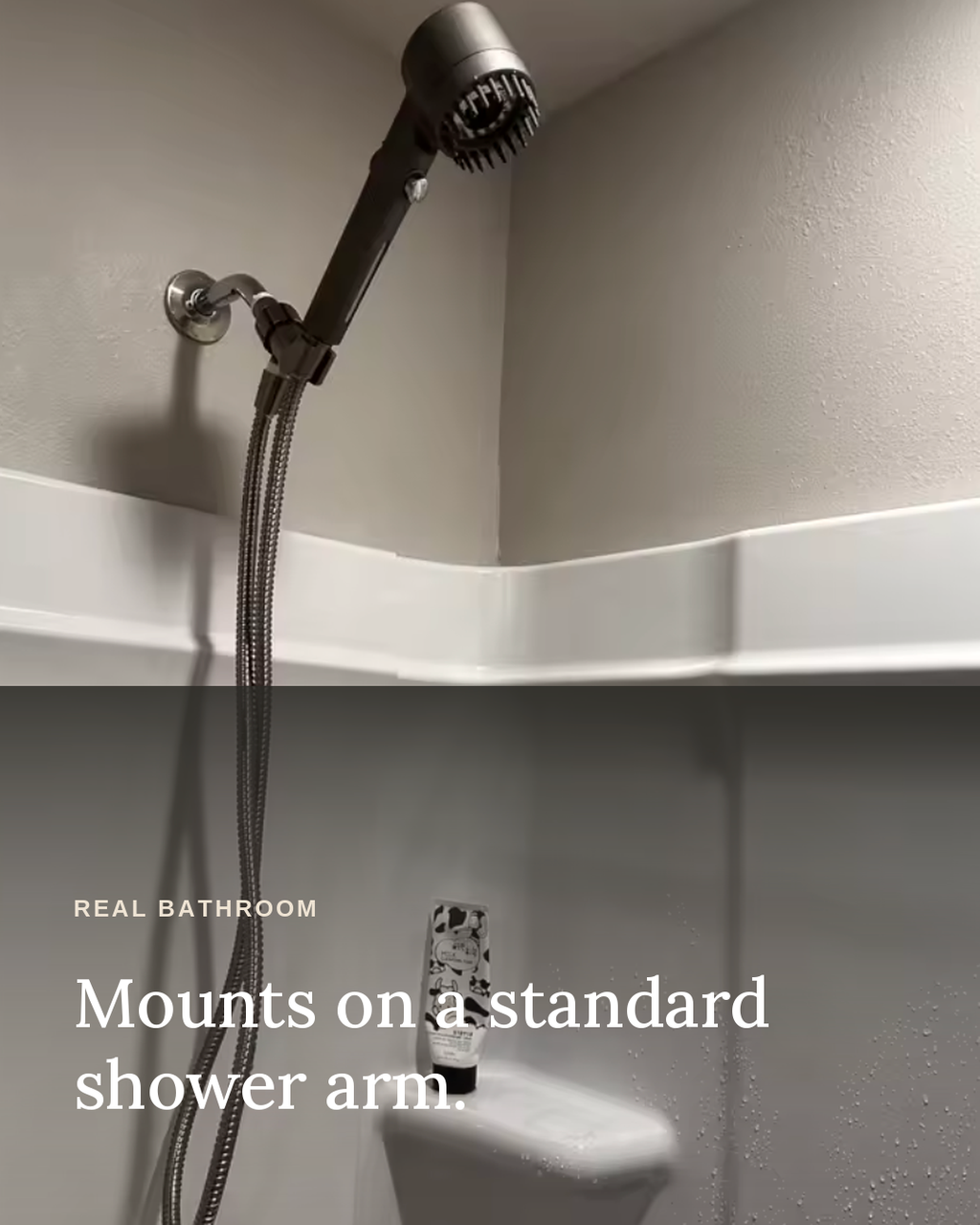 Glowfall filtered showerhead mounted on a standard shower arm in a real bathroom.