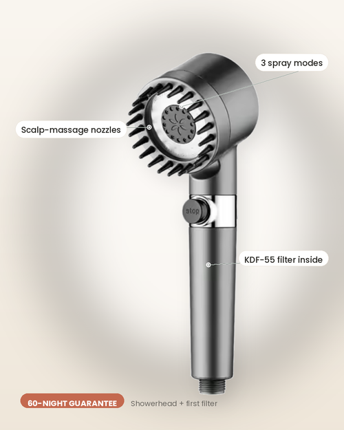 Glowfall filtered showerhead — brushed metal handheld unit with three spray modes, scalp-massage nozzles and a KDF-55 filter inside. Ships with the showerhead and first filter cartridge.